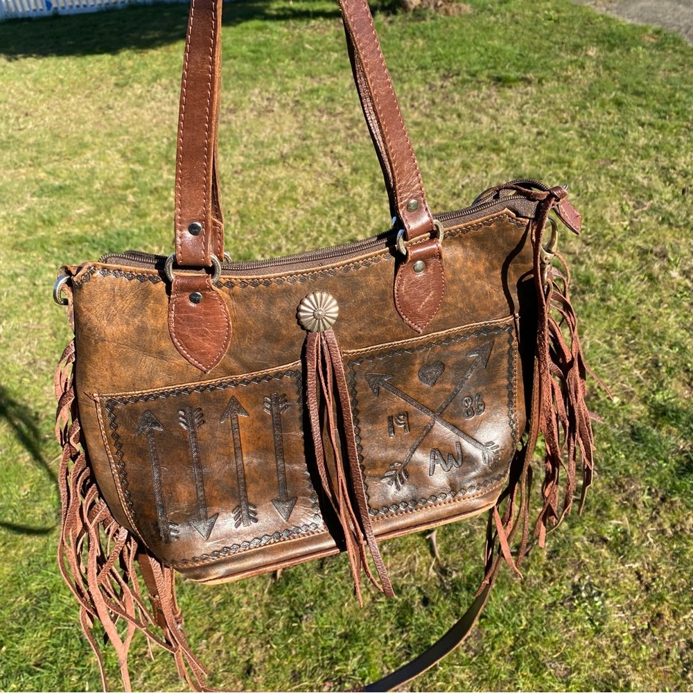 American West Brown Leather Shoulder Bag with Fringe
